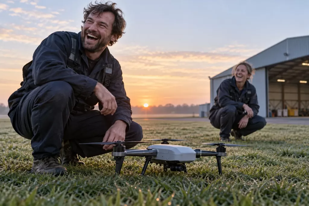 Two laughing technicians at fictional UK drone flying taxi funding 2026 test field