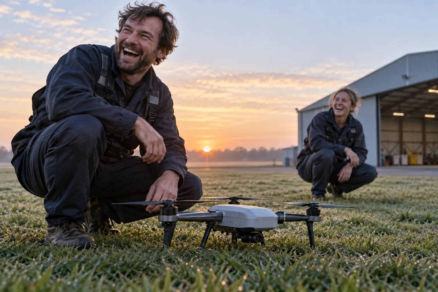 Two laughing technicians at fictional UK drone flying taxi funding 2026 test field