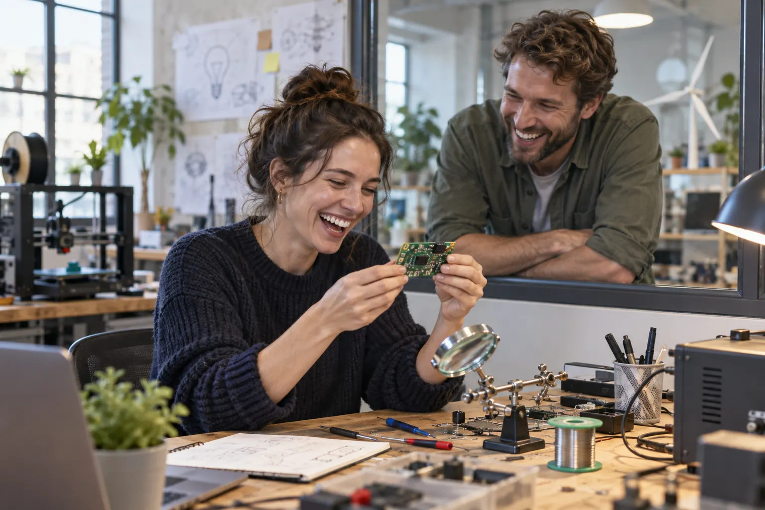 Two laughing founders at fictional UK EU Innovation Council Fund talks 2026