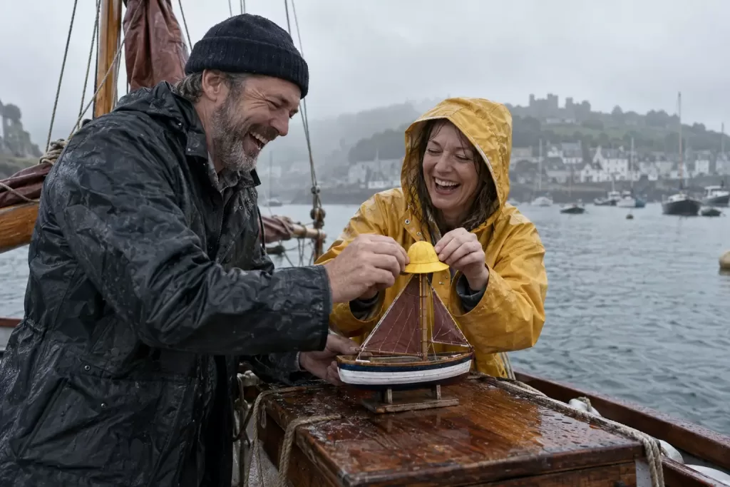 Original editorial photograph of two laughing sailors with a tiny rain-hatted boat for High Seas Treaty