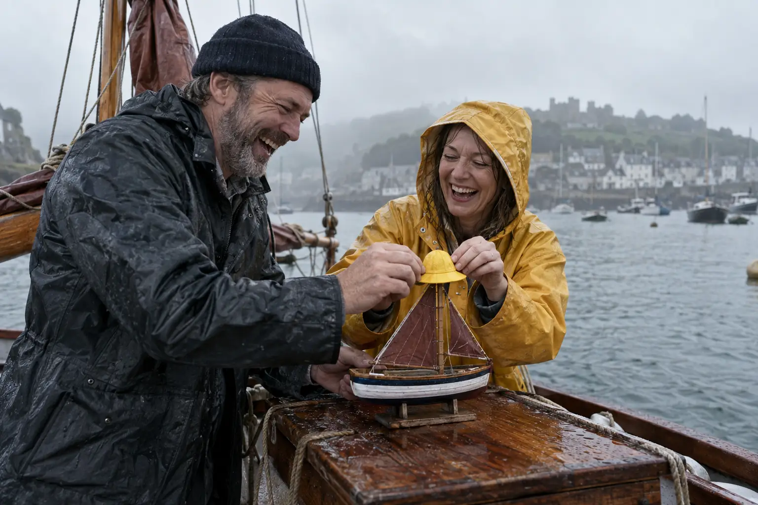 Original editorial photograph of two laughing sailors with a tiny rain-hatted boat for High Seas Treaty
