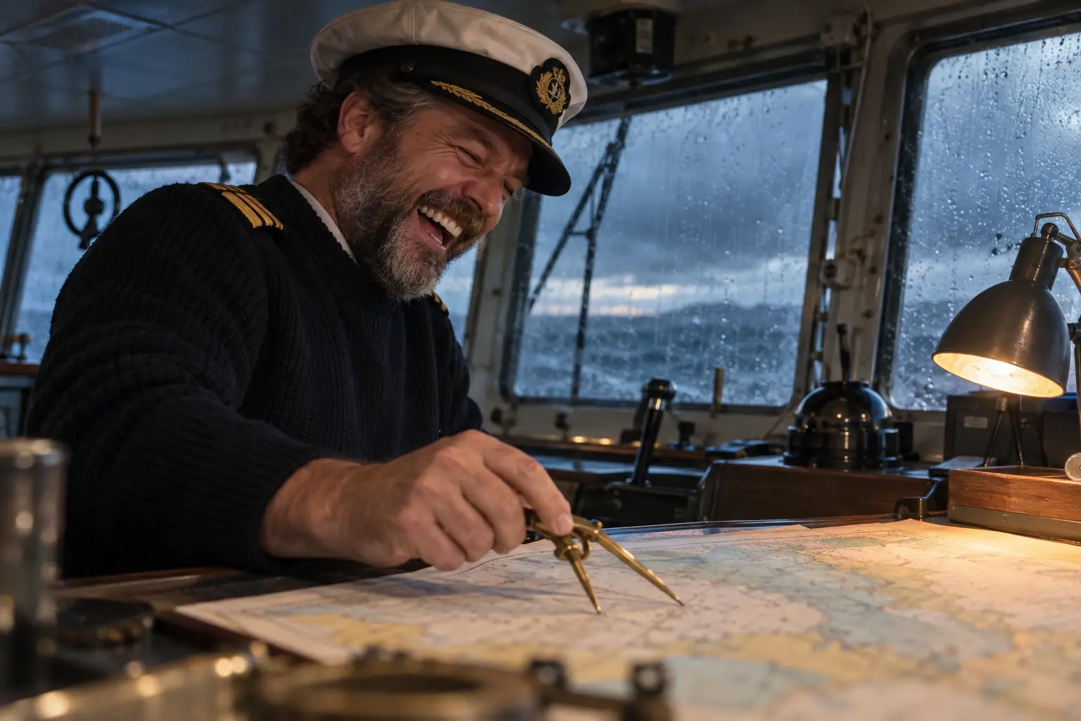 Original editorial photograph of a laughing ship navigator using a brass compass over a sea chart for the UK Hydrographic Office annual report