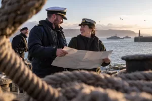 Laughing British and Irish naval officers discussing a blank chart in a harbour