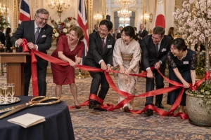 Six fictional adult launch guests clearly laugh while an oversized red ribbon tangles around their feet.