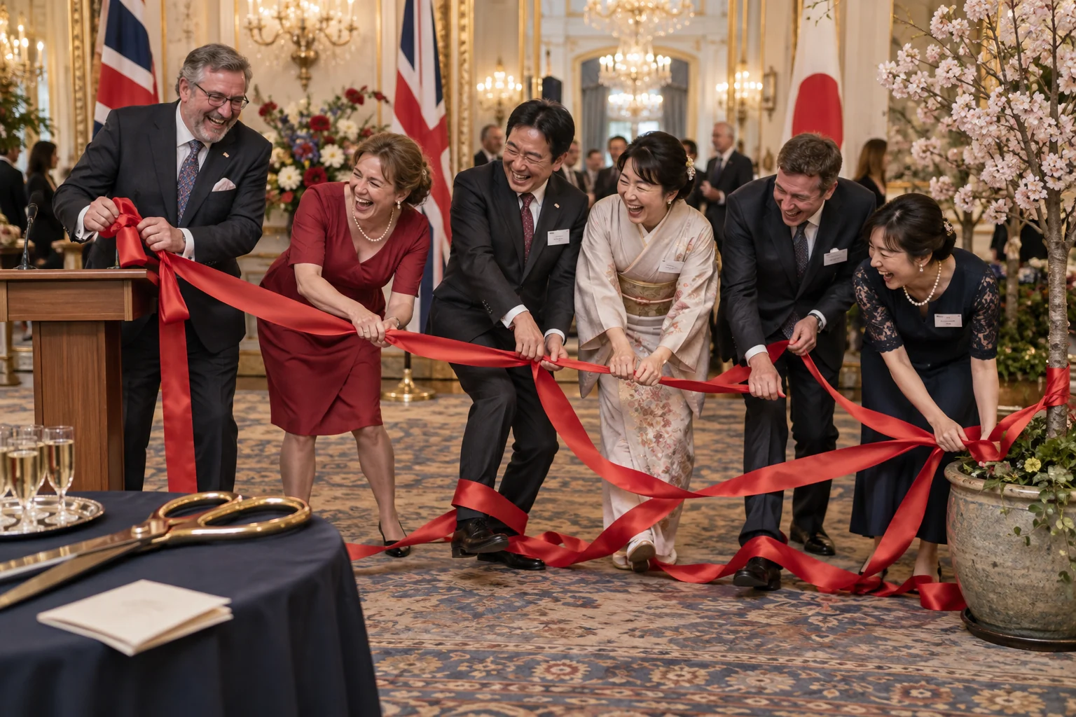 Six fictional adult launch guests clearly laugh while an oversized red ribbon tangles around their feet.