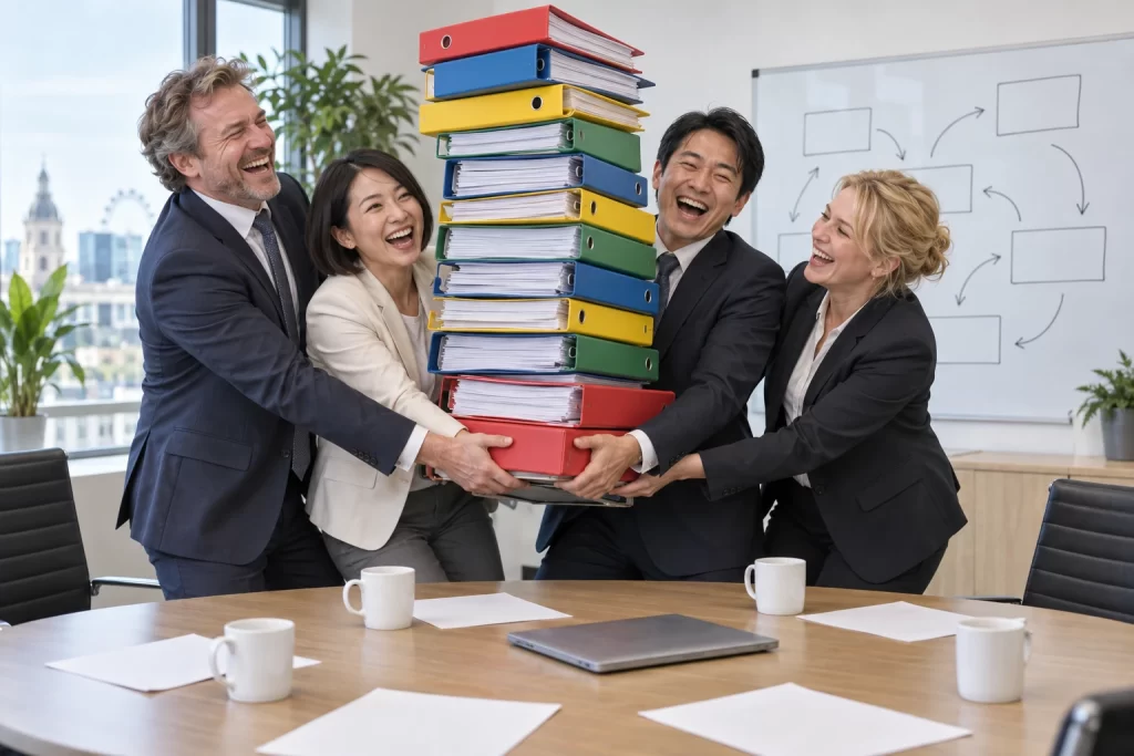Four fictional adult British and Japanese officials laugh while holding a towering stack of strategy folders in a meeting room.