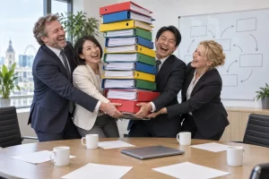 Four fictional adult British and Japanese officials laugh while holding a towering stack of strategy folders in a meeting room.