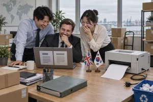 Three fictional adult office workers clearly laugh beside a laptop showing a digital contract while an unplugged printer ejects a blank sheet.