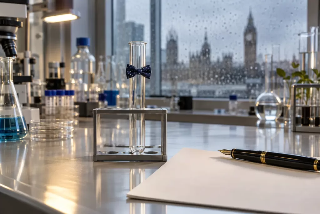 Original editorial photograph of a test tube with a fountain pen for UK life sciences investment 2026