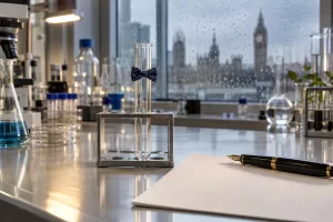 Original editorial photograph of a test tube with a fountain pen for UK life sciences investment 2026