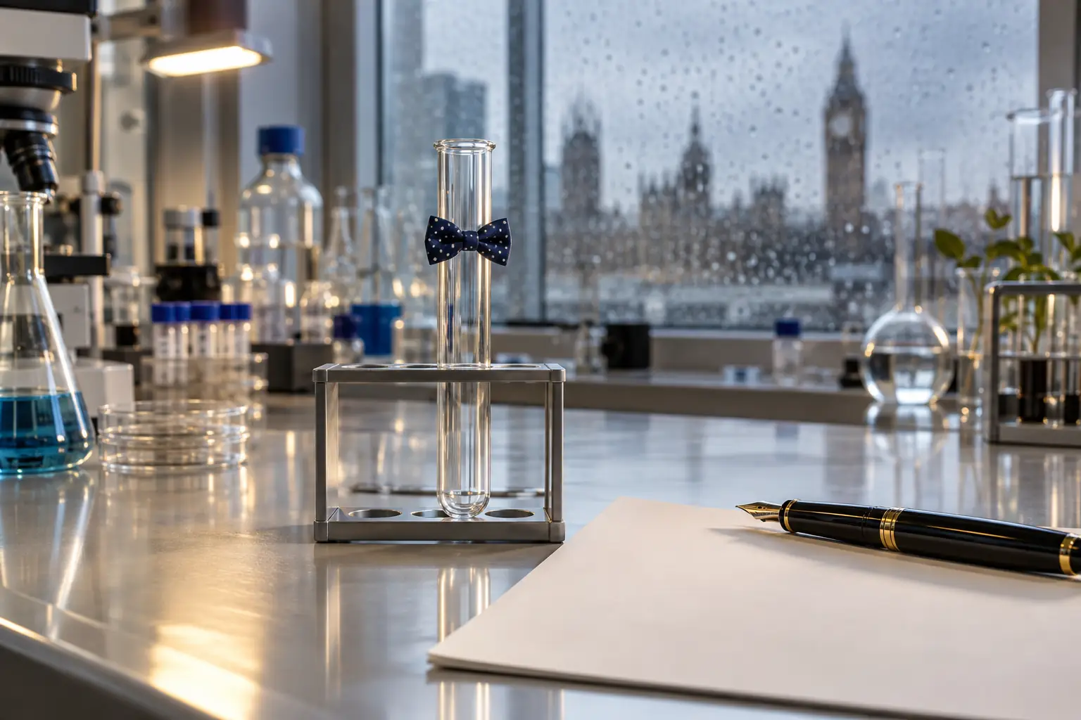 Original editorial photograph of a test tube with a fountain pen for UK life sciences investment 2026
