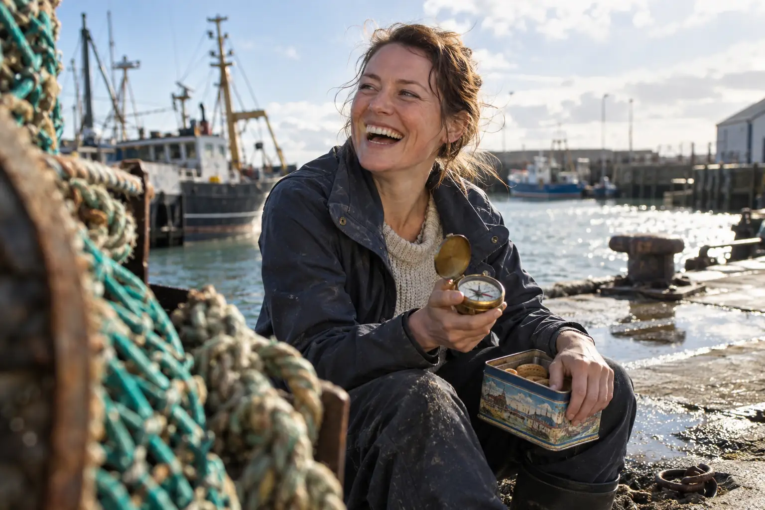 Original editorial photograph of a laughing maritime engineer holding a compass on a harbour quay for UK Maritime Innovation Hub
