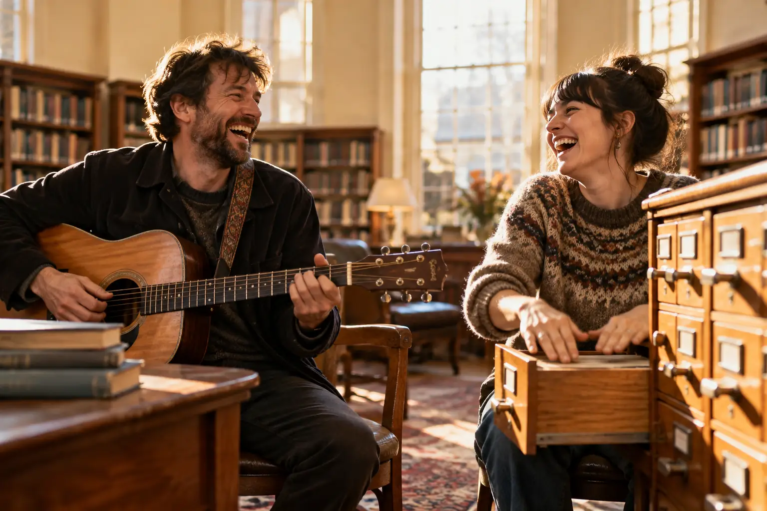 Original editorial photograph of two laughing musicians beside a library-card catalogue for UK Music Plan 2026