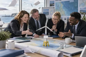 Four fictional climate officials laugh around a small offshore wind turbine model wearing a blank visitor badge in a coastal planning workshop.