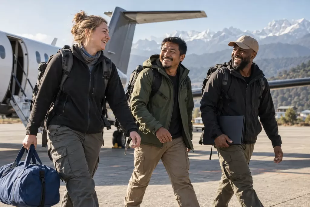 Original editorial photograph of three laughing emergency-response workers with a plain blue duffel beside an unmarked small aircraft and Himalayan foothills, with no text or logos