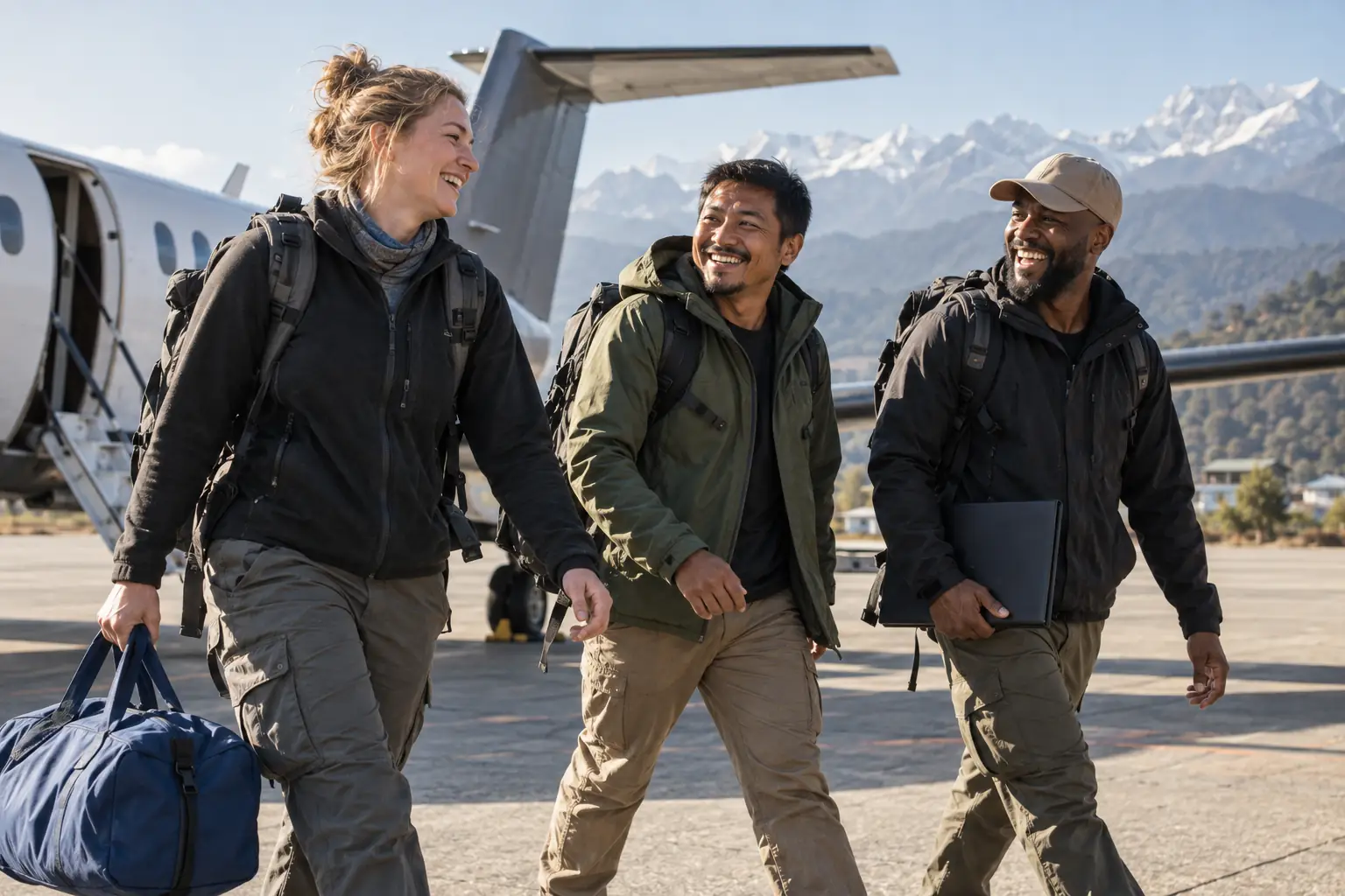Original editorial photograph of three laughing emergency-response workers with a plain blue duffel beside an unmarked small aircraft and Himalayan foothills, with no text or logos