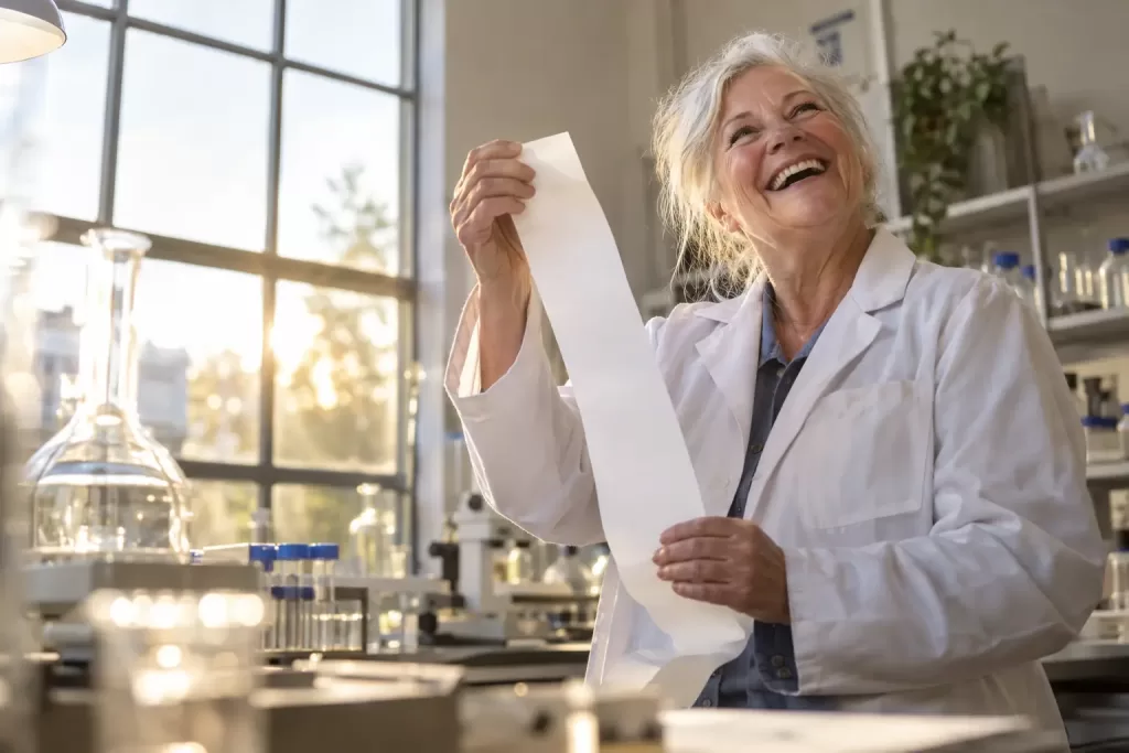 Original editorial photograph of a laughing older woman scientist alone in a sunlit laboratory holding a blank oversized receipt for UK research and development spending