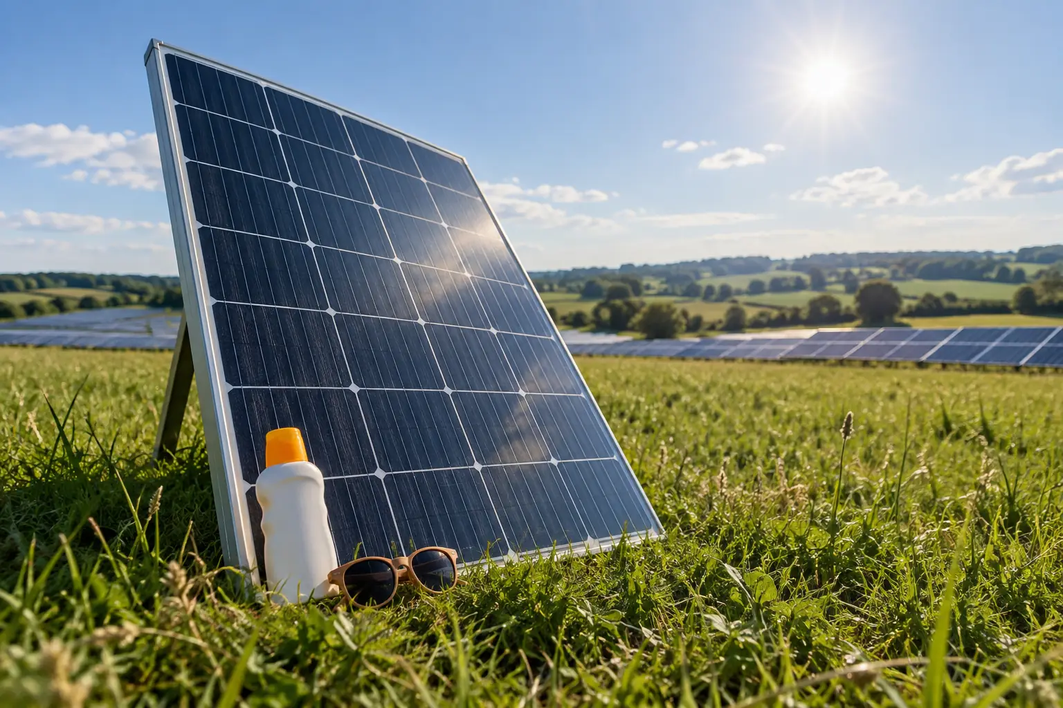 Original editorial photograph of a solar panel beside sun cream for UK second largest solar farm 2026