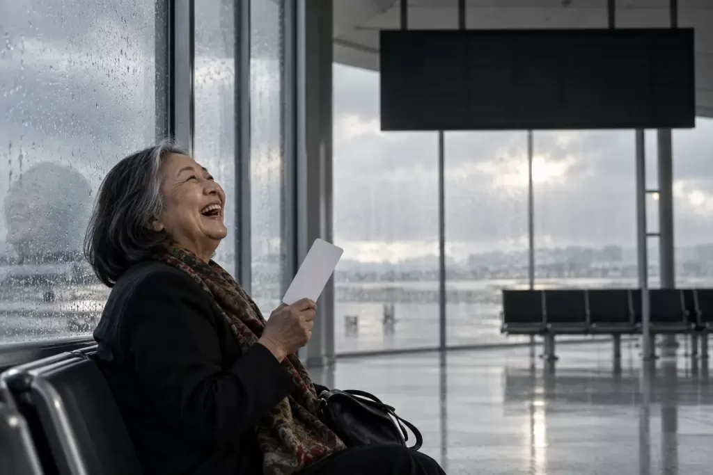 Original editorial photograph of a laughing older Asian woman alone beside an unbranded airport departure board with no text, holding a blank boarding card on a rainy day