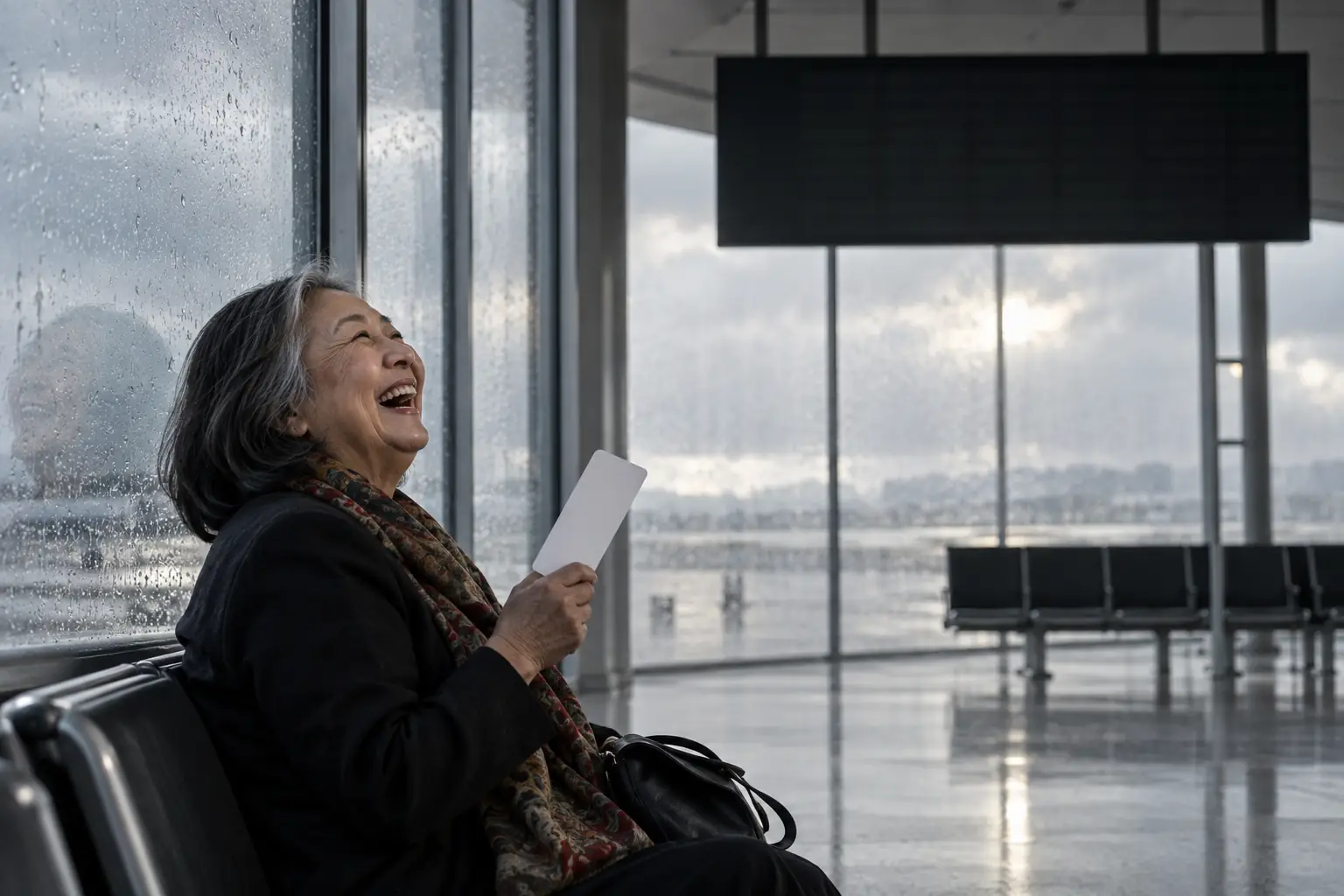 Original editorial photograph of a laughing older Asian woman alone beside an unbranded airport departure board with no text, holding a blank boarding card on a rainy day