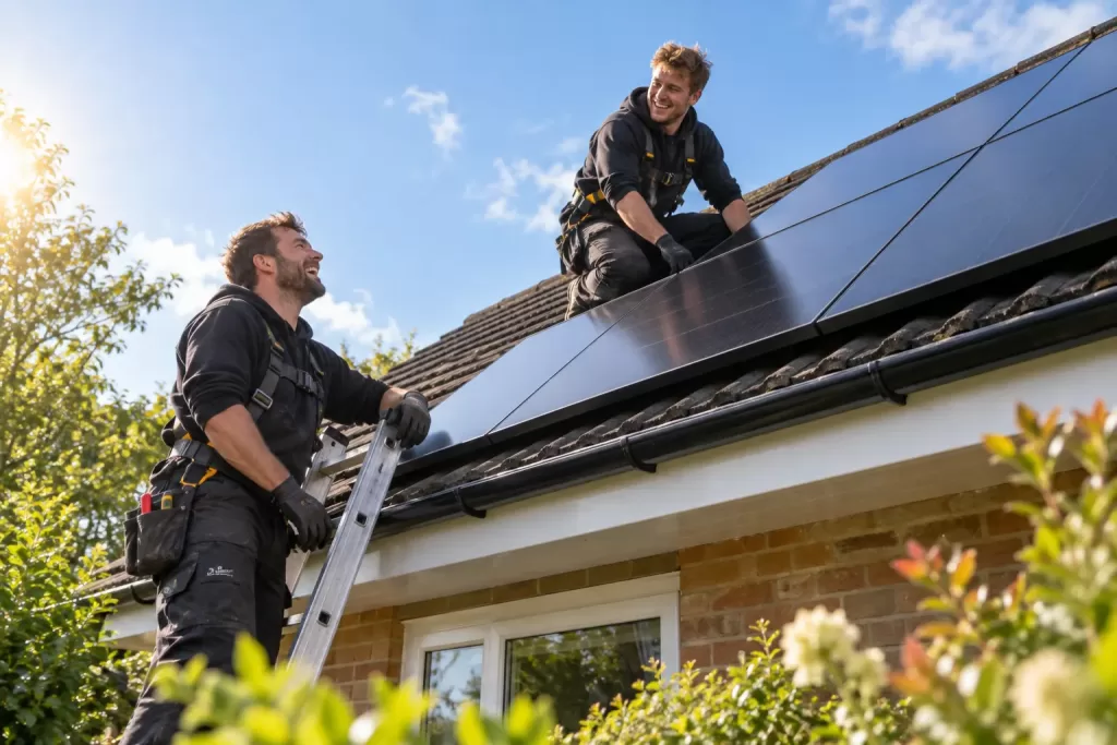 Two laughing installers for UK solar installations March 2026