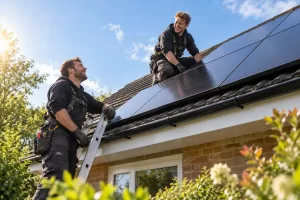 Two laughing installers for UK solar installations March 2026