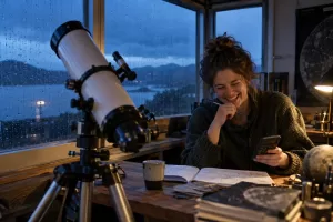 Original editorial photograph of a laughing space researcher with a telescope and calculator for UK space tech investment