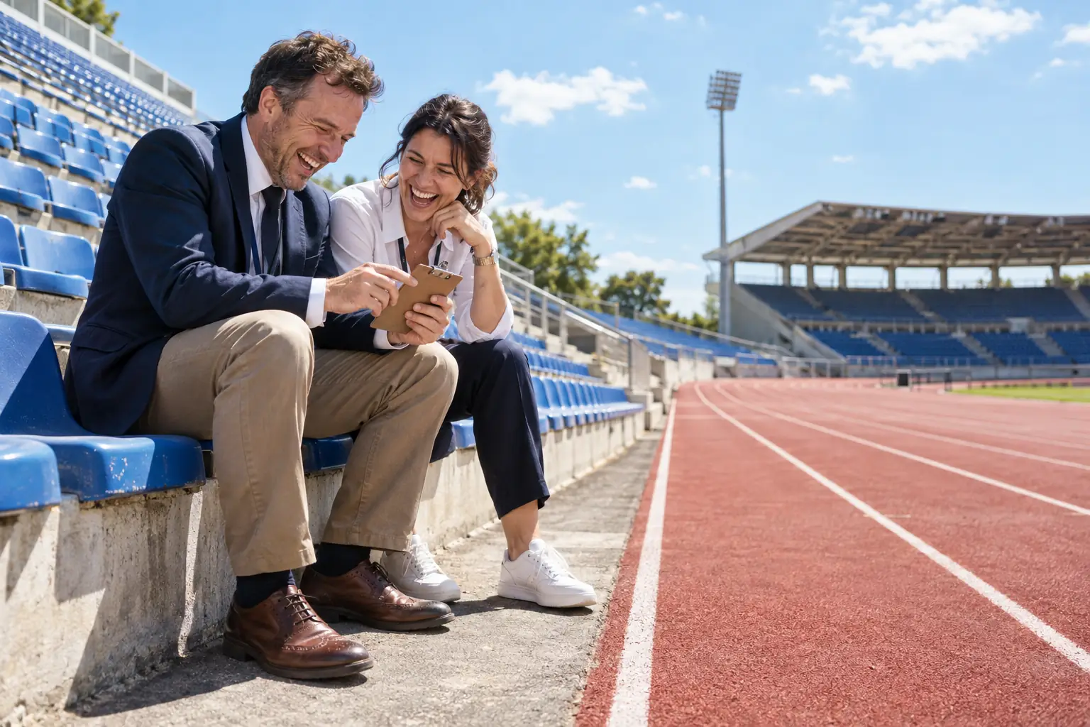 Original editorial photograph of two laughing sports-event professionals with a clipboard at an empty athletics stadium for UK Sport Board appointments