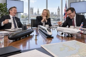 Three clearly laughing fictional adult trade officials hold a meeting beside a miniature submarine, model train and model passenger jet.