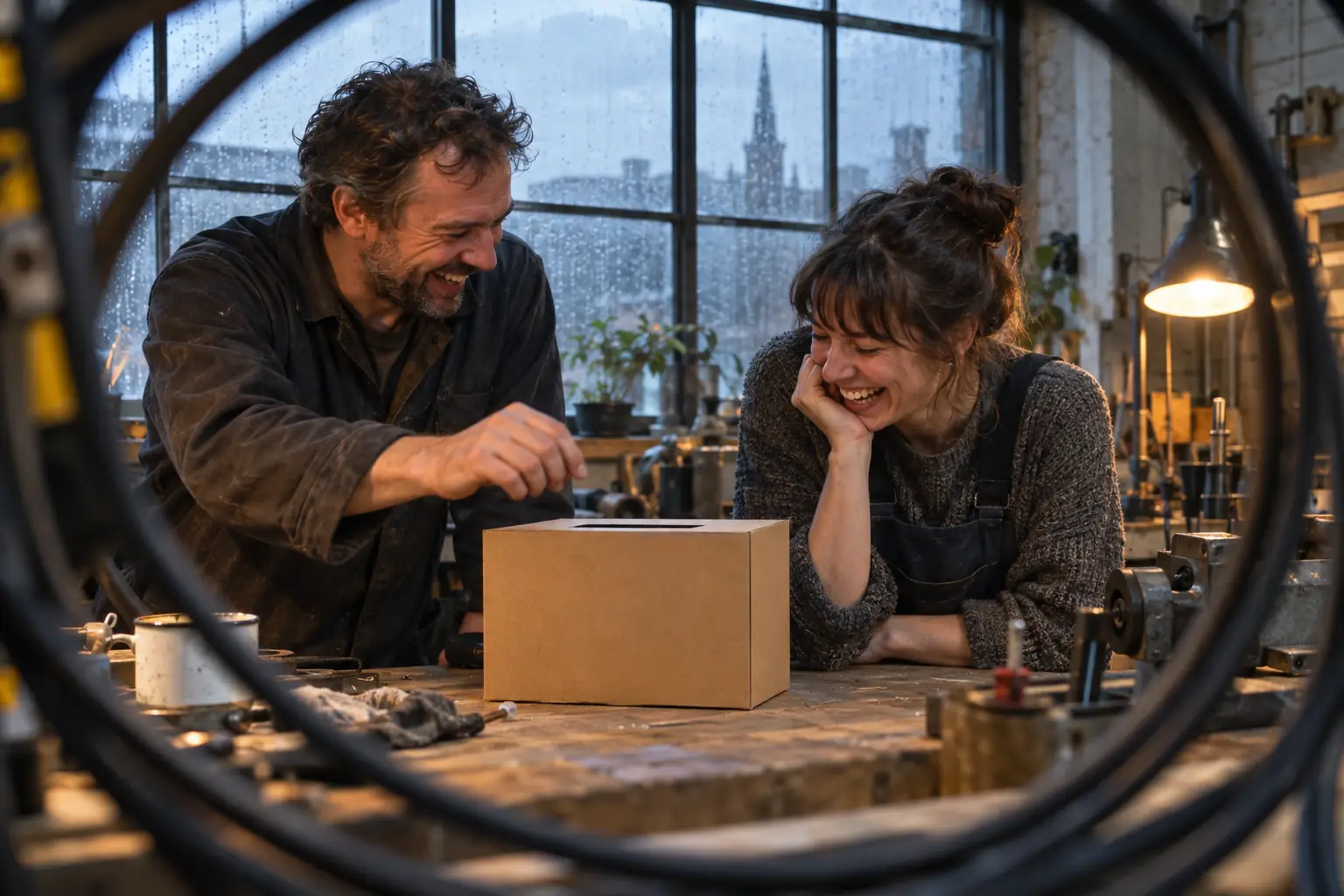 Original editorial photograph of two laughing adults beside a blank suggestion box in a rainy innovation workshop for the UKDI Security Open Call