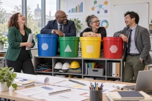 Four fictional adult research administrators, all laughing, stand beside oversized funding buckets and a foundation tray of laboratory equipment in an office.