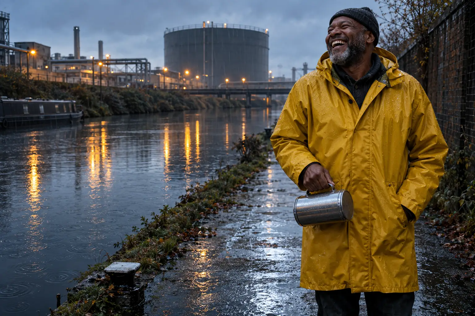 Original editorial photograph of one laughing Black man in a yellow raincoat holding a blank metal lunchbox on a rainy canal-side industrial path, with no other people