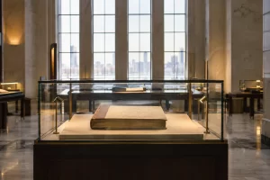 An archival document volume rests in a glass display case within an empty international organisation gallery.