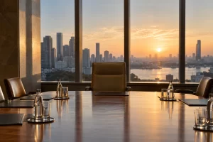 A quiet formal conference room with an empty chair at a polished table at dawn.
