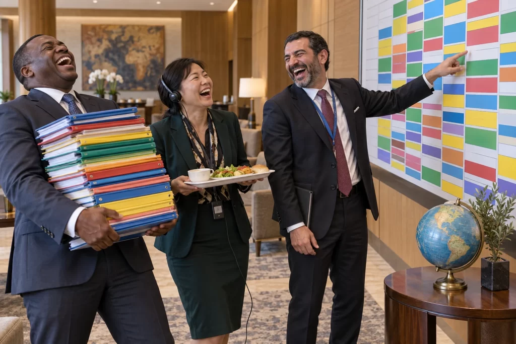 Three laughing delegates juggle colourful agendas, a lunch tray and a translation headset beside a crowded conference timetable.