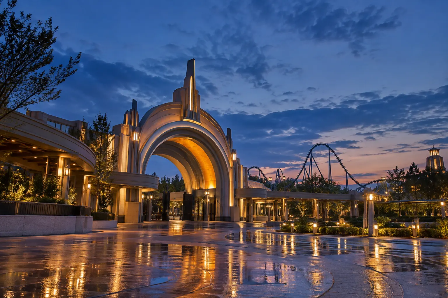 Empty fictional British entertainment resort entrance for Universal UK resort investment 2026 editorial image