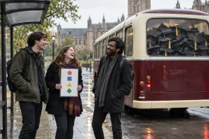 Three laughing students stand beside a vintage bus full of graduation caps at a rainy campus stop.