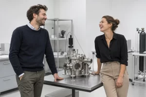 Two research startup founders laugh beside an unlabelled scientific prototype in a minimalist laboratory.