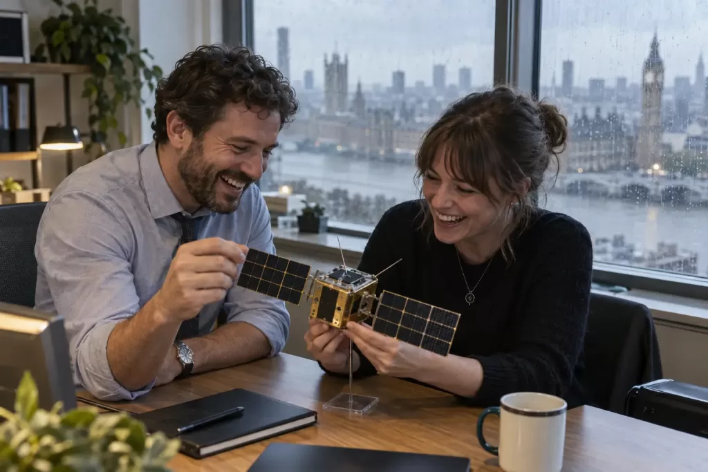 Original editorial photograph of two laughing adults holding a tiny unlabelled satellite model by a rainy office window for Unlocking Space for Government