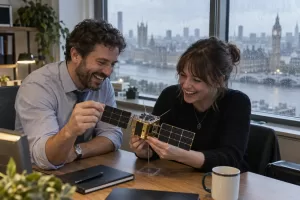 Original editorial photograph of two laughing adults holding a tiny unlabelled satellite model by a rainy office window for Unlocking Space for Government