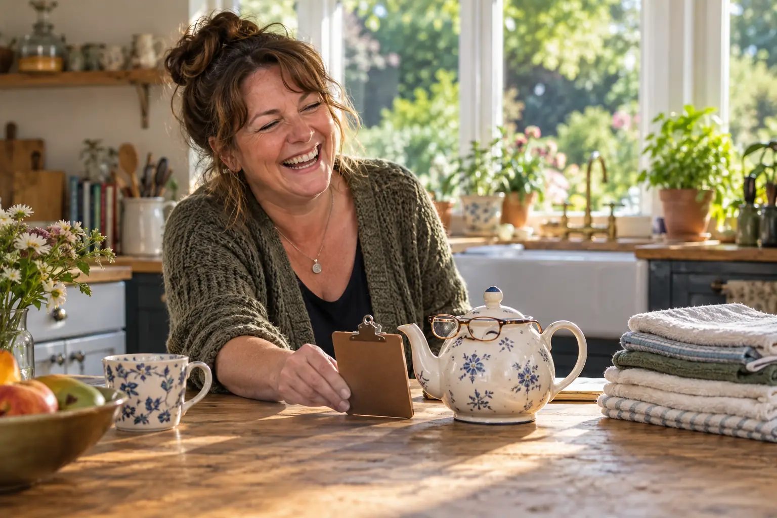 Original editorial photograph of a laughing carer beside a teapot and clipboard for unpaid carers action plan