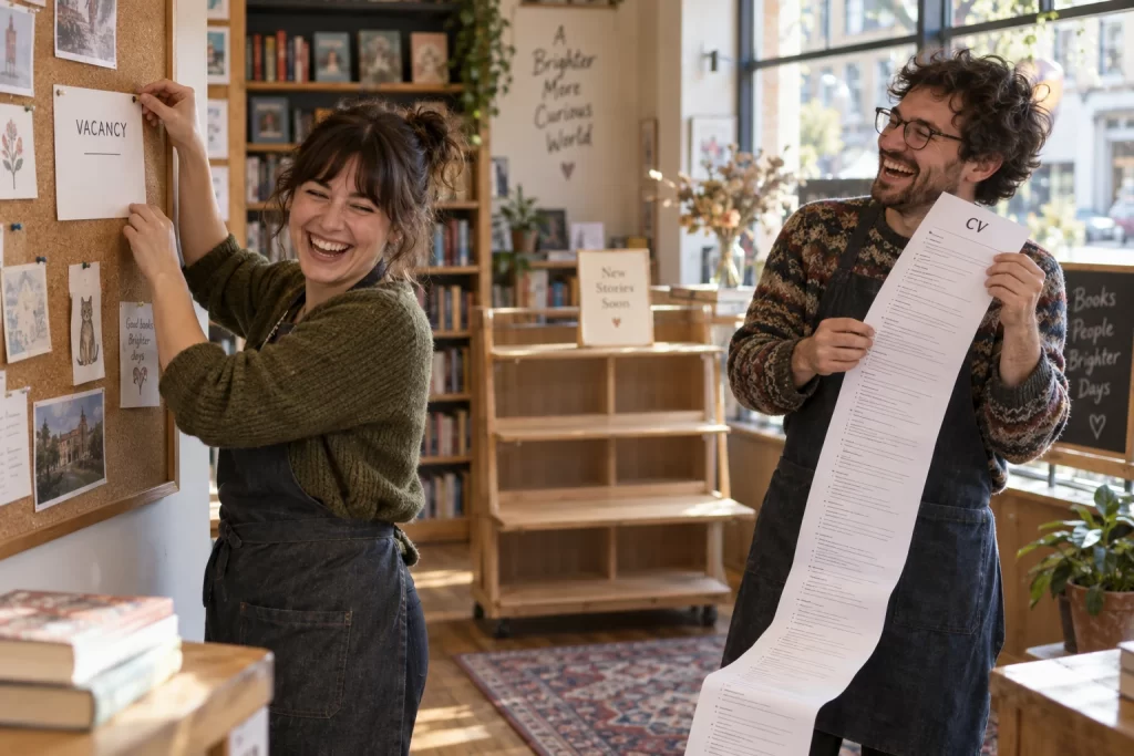 Two fictional adult bookshop workers visibly laughing as one pins a vacancy card to a noticeboard and the other holds a comically overlong CV in a bookshop.