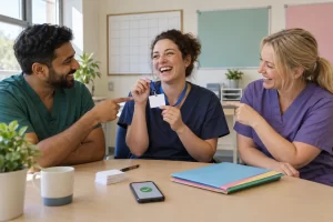 Three clearly laughing fictional adult health visitors watch a reminder card wearing a tiny lanyard at a community clinic table.