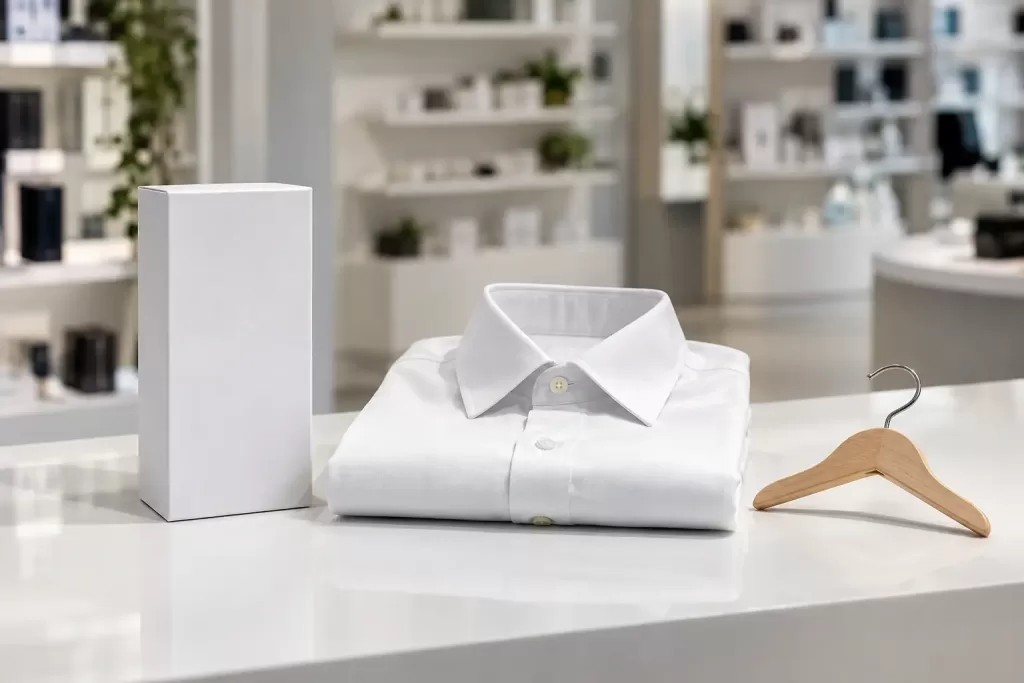 Original editorial photograph of a plain white box and a folded shirt for vape packaging consultation 2026