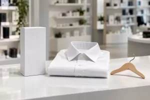 Original editorial photograph of a plain white box and a folded shirt for vape packaging consultation 2026