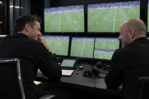 Two football video officials laugh together in a review room filled with blurred pitch screens.
