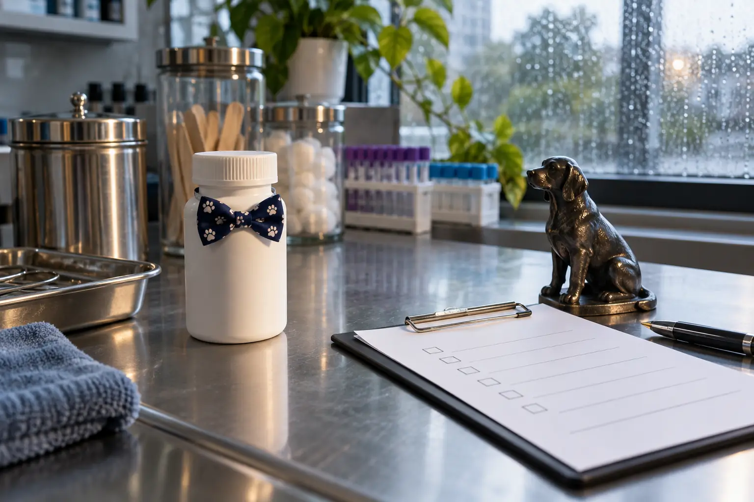 Original editorial photograph of a medicine bottle in a bow tie for veterinary medicines regulator 2026
