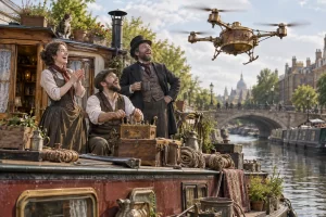 Three fictional Victorian inventors laugh from a canal houseboat as a brass and wood flying contraption rises overhead.