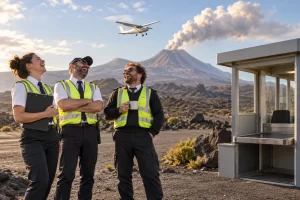 Fictional aviation staff laugh near an empty customs kiosk while a small plane flies safely past a distant volcanic plume.