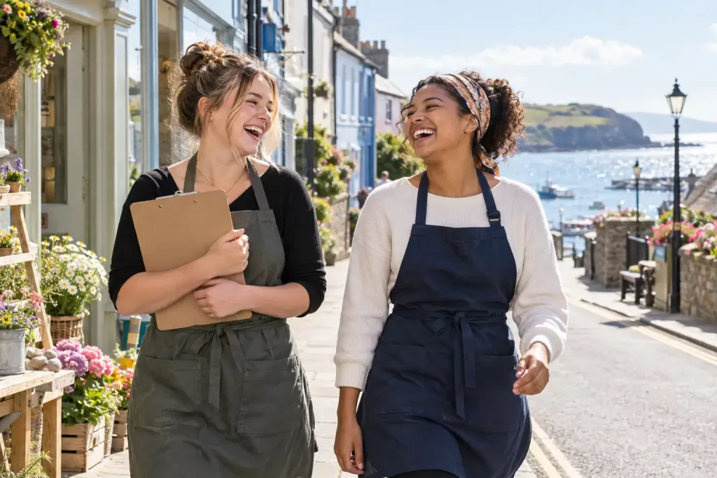Original editorial photograph of two laughing young women in plain work aprons walking with a blank clipboard in a sunny Welsh coastal town, with no other people